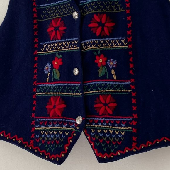 Vintage Embroidered Folk Art Vest Navy Blue Wool Button Up Vest - Picture 10 of 14